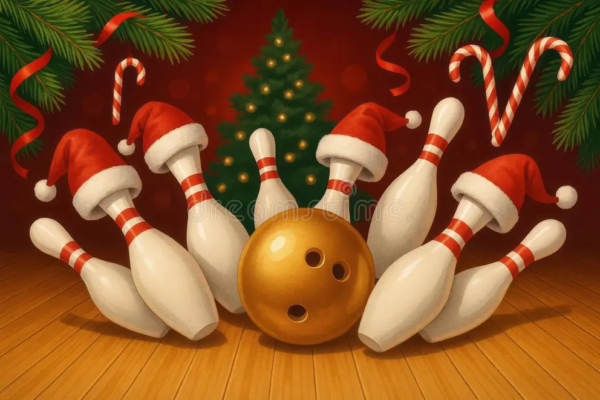 gold-bowling-ball-striking-bowling-pins-wearing-santa-hats-wooden-lane-digital-illustration-decorative-fir-branches-410741348